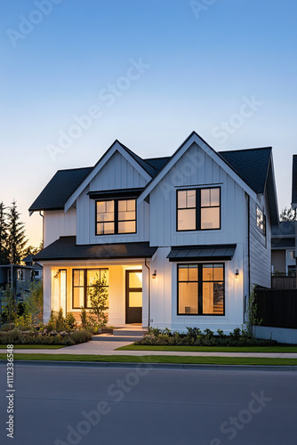 A white, modern two-story farmhouse with black accents, sitting on the corner of an urban street in bright dusk lighting. The house has large windows and is well-lit from within.