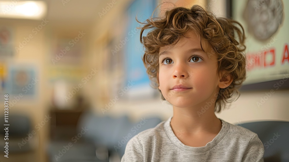 Child sitting in an urgent care waiting room, conveying patience and concern Child sitting in an urgent care waiting room, conveying patience and concern