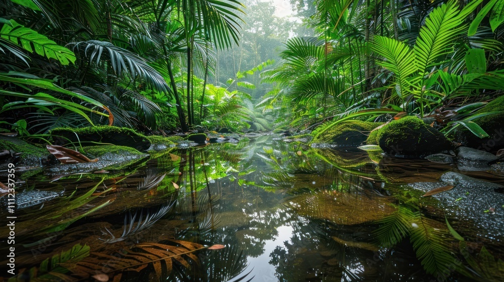 Lush verdant tropical rainforest with a winding stream and reflective still waters flowing through Dense thriving foliage and greenery create a serene and peaceful natural landscape Lush verdant tropical rainforest with a winding stream and reflective still waters flowing through Dense thriving foliage and greenery create a serene and peaceful natural landscape