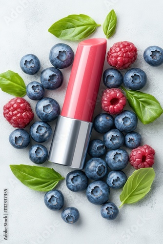 Radiant Coral Lipstick Surrounded by Fresh Blueberries and Raspberries