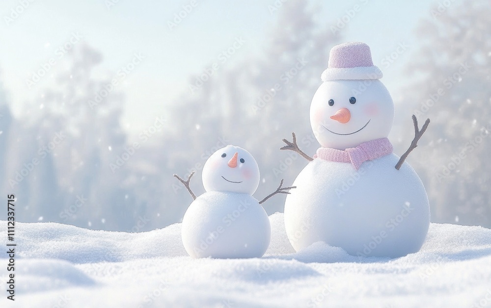 Joyful snowman family enjoying winter together in a snowy landscape. Joyful snowman family enjoying winter together in a snowy landscape.