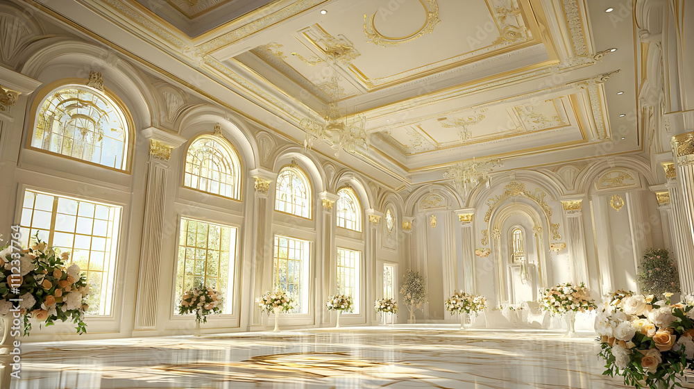 Fototapeta premium High-ceiling wedding venue with elegant decor, adding grandeur to the setting.