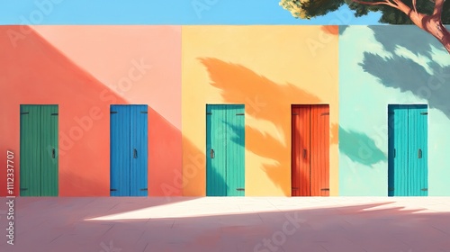 A row of colorful doors with a blue door in the middle