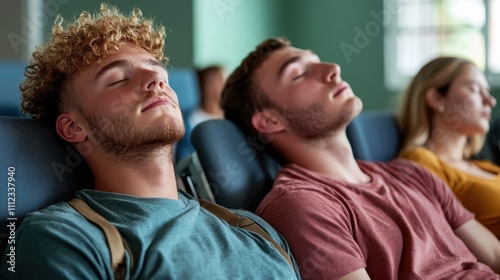 Two young men, comfortably asleep in a classroom setting, illustrate a scene of rest showcasing the importance of taking breaks and relaxation.