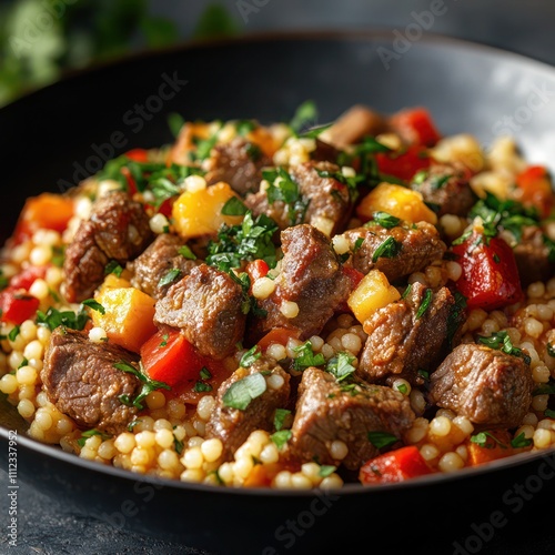 a savory dish of Moroccan Lamb Couscous, loaded with juicy lamb chunks