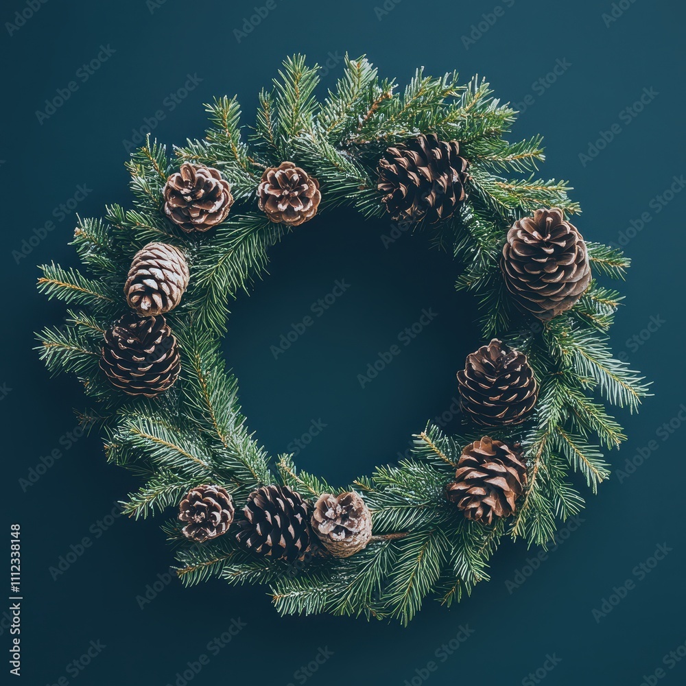 Naklejka premium Winter holiday wreath, pine cones and fir branches, minimalist design, seasonal aesthetic.
