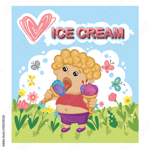 Boy with ice creams and heart logo in meadow illustration