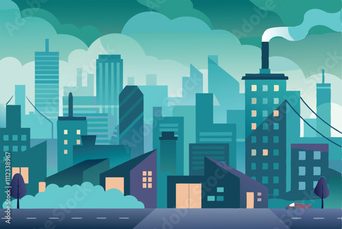 Smogfilled Cityscape Buildings, Factories, Pollution, Cars, Dusk Vector.
