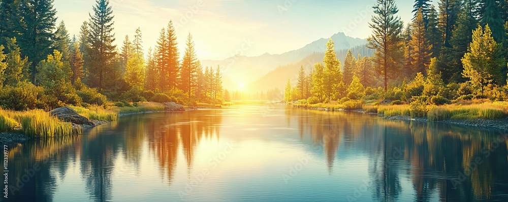 Naklejka premium A tributary flowing into a wide river, mirror reflections of trees on water, golden hour lighting, peaceful ambiance