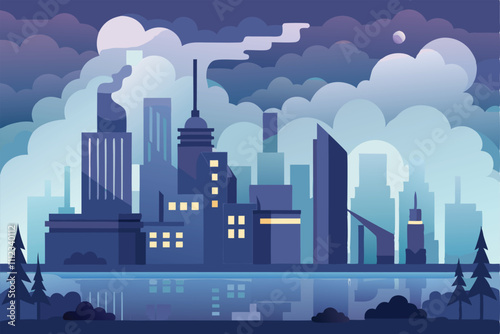 Night Cityscape Urban Skyline, Buildings, Clouds, and Moon Vector.