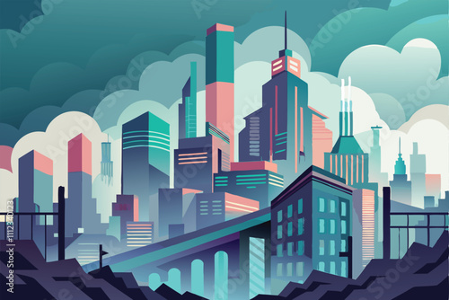 Futuristic Cityscape Modern Buildings, Cloudy Sky, Elevated Bridge.