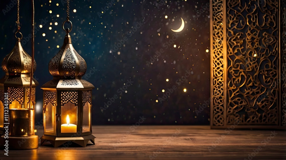 Islamic decoration background with lantern and crescent moon luxury style, ramadan kareem, mawlid, iftar, isra miraj, eid al fitr adha, muharram, copy space text area, Islamic decoration background with lantern and crescent moon luxury style, ramadan kareem, mawlid, iftar, isra miraj, eid al fitr adha, muharram, copy space text area,