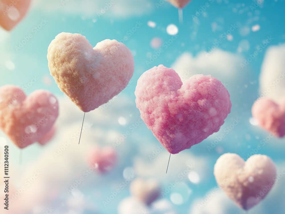 Obraz premium Colorful cotton candy hearts drifting in a dreamy sky filled with clouds and sparkles.