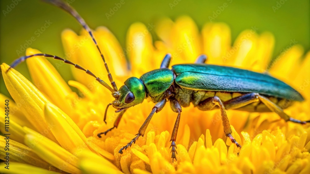 Macro photo of a Oedemera nobilis beetle sitting on a vibrant yellow flower, Oedemera nobilis, beetle, insect, macro Macro photo of a Oedemera nobilis beetle sitting on a vibrant yellow flower, Oedemera nobilis, beetle, insect, macro
