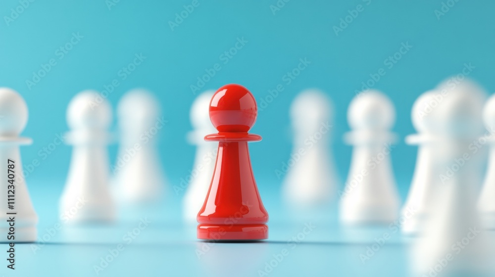 Red pawn stands white pawns on a blue background, symbolizing and decision. Red pawn stands white pawns on a blue background, symbolizing and decision.