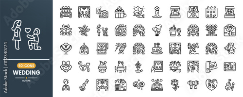 Wedding vector line icon set. Contains linear outline icons like Engagement, Heart, Marriage, Love, Flower, Romance, Diamond, Ring, Celebrate, Bell, Dress, Dove, Honeymoon. Editable use and stroke.