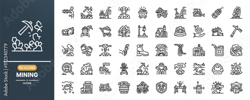 Mining vector line icon set. Contains linear outline icons like Mineral,  Coal, Truck, Bulldozer, Dynamite, Excavator, Miner, Wheelbarrow, Wagon, Jackhammer, Engineering. Editable use and stroke.