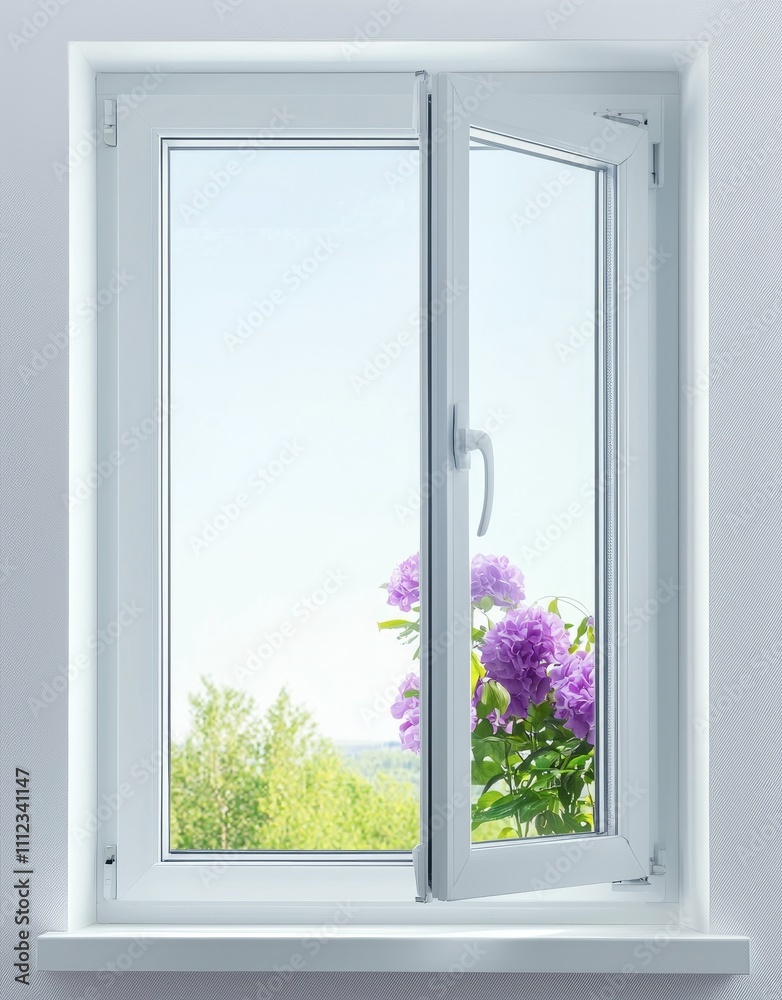Open white window with lilac flowers and green landscape view. Open white window with lilac flowers and green landscape view.