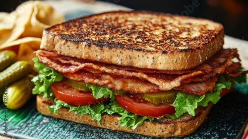 Delicious bacon sandwich with vegetables.