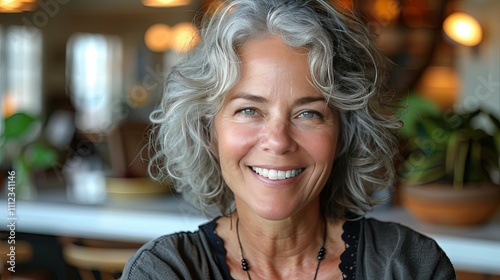 Headshot portrait of beautiful mid aged woman posing indoors with healthy toothy smile