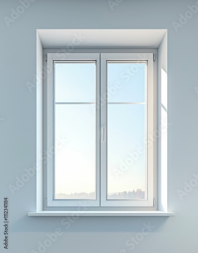 A white double-hung window in a light grey wall  showcasing a bright  clear sky and distant cityscape.