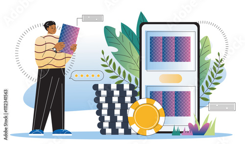 Croupier online service. Man near poker chips and smartphone with cards. Gambling, games for luck and fortune. Internet casino. Flat vector illustration