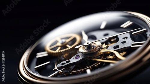 Intricate close-up of a luxury mechanical watch with golden gears, black background. photo