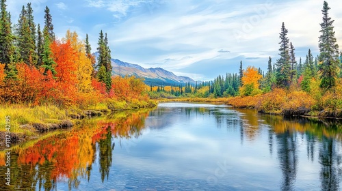 Forest river with tributary, perfect reflections of autumn foliage, vibrant and peaceful nature setting