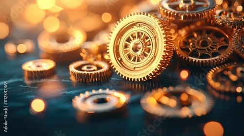 Golden mechanical gears on a shimmering surface, ideal for abstract design.