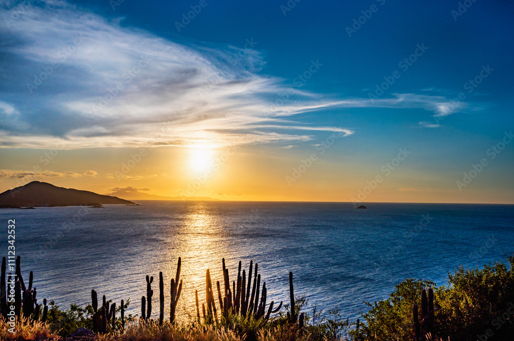 Fototapeta premium A beach with a small hill in the background