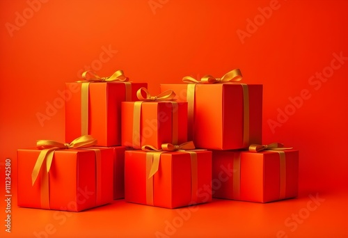 red cardboard boxes for Christmas gifts tied with golden yellow labels (10)