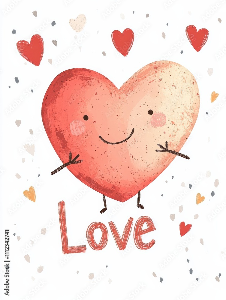 Cute hand-drawn heart character with cheerful smile and colorful hearts around. Cute hand-drawn heart character with cheerful smile and colorful hearts around.
