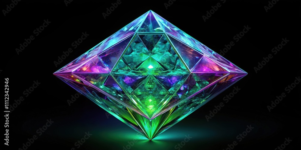 Surreal render abstract art of alien fractal diamond crystal in emerald green, purple, and blue colors on black background Surreal render abstract art of alien fractal diamond crystal in emerald green, purple, and blue colors on black background