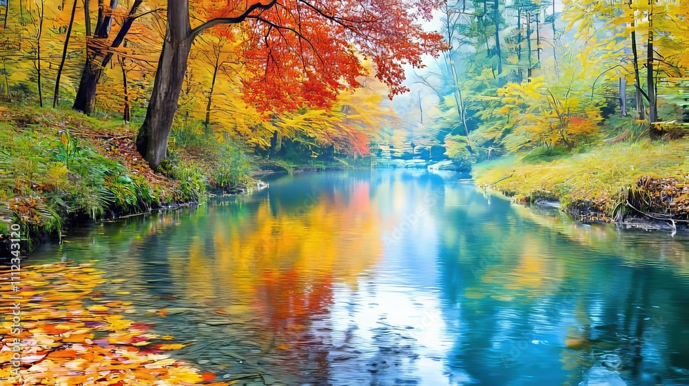 Obraz premium River with a tributary winding through a forest, reflections of colorful autumn leaves, tranquil nature composition