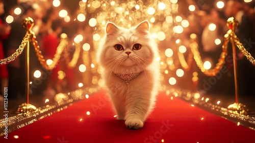 White Persian cat walking red carpet like a movie star celebrity, luxurious collar golden bokeh lightning background with crowds camera applause