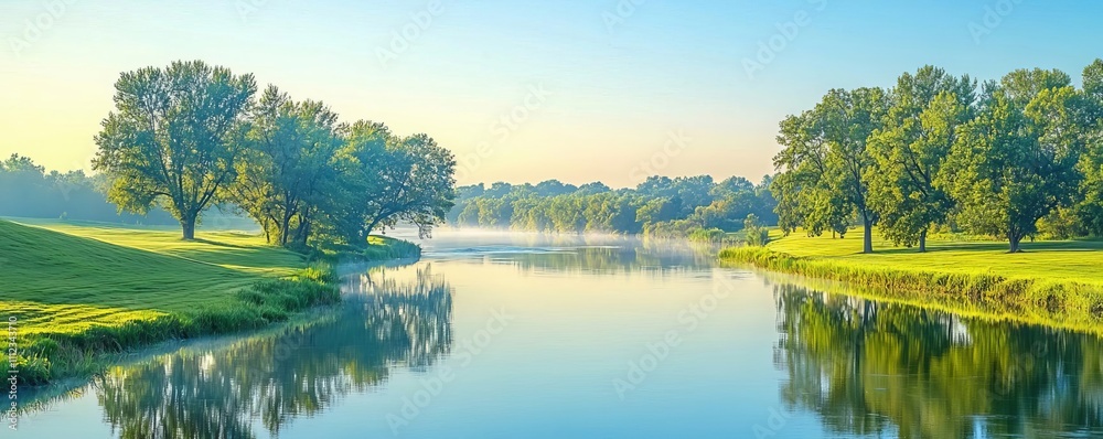 Fototapeta premium Serene river with a calm tributary joining, trees reflecting on water, peaceful natural landscape, soft morning light