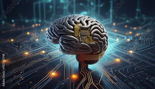 A futuristic digital brain concept blending human intelligence with artificial neural networks symbolizing AI and technological advancement photo