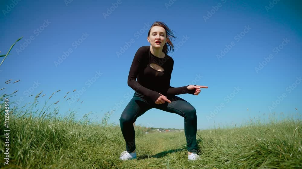Woman performing stylish contemporary dance in open field, showcasing smooth and confident moves. Female executing modern choreography with energy and flair, embracing current trends. Lady dancing Woman performing stylish contemporary dance in open field, showcasing smooth and confident moves. Female executing modern choreography with energy and flair, embracing current trends. Lady dancing