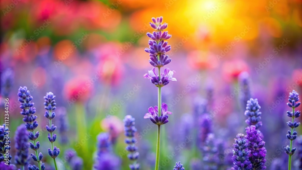 Naklejka premium Violet lavender flower standing out in a colorful flower garden, lavender, violet, flower, garden, vibrant, nature, blooming