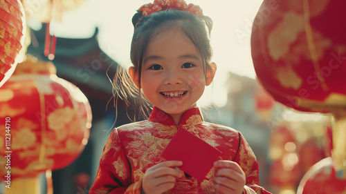 A child in traditional Chinese attire celebrating Lunar New Year, holding a red envelope and smiling brightly