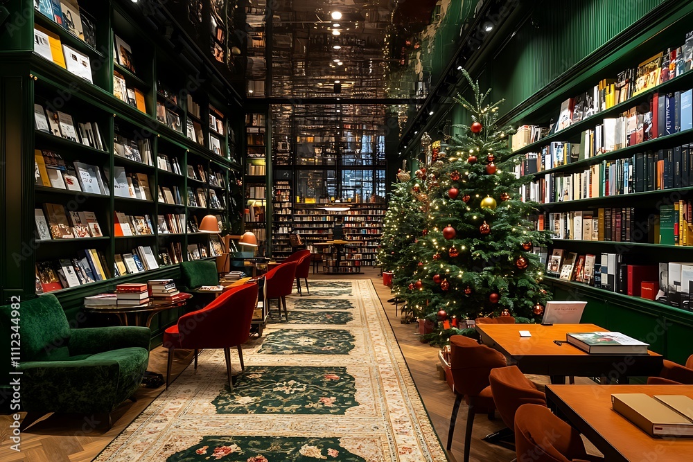 Elegant Interior Design of a Cozy Bookstore During Christmas Time