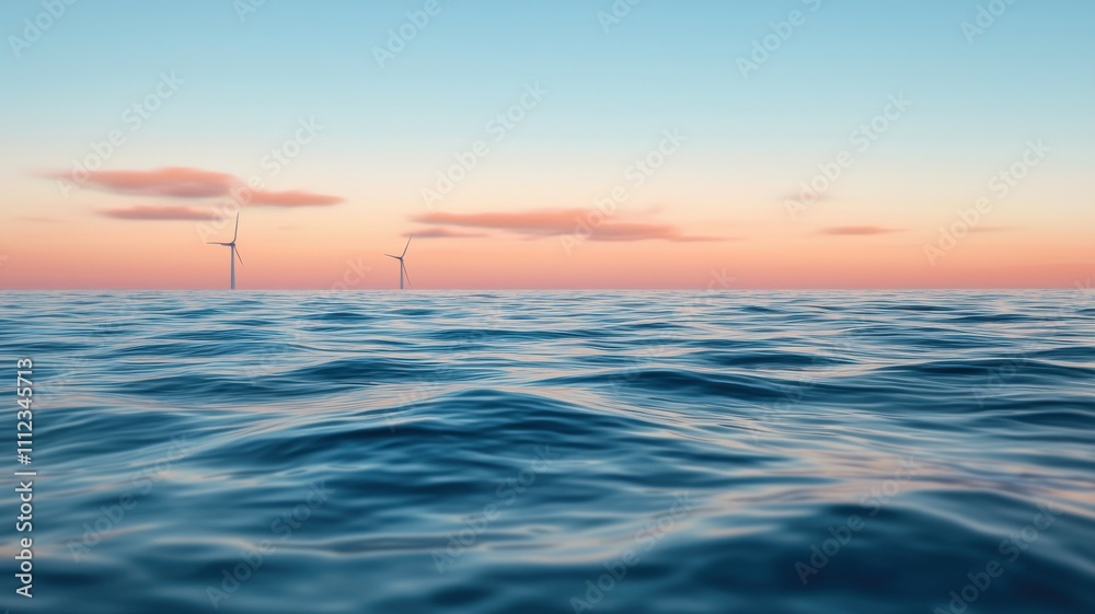 Fototapeta premium Peak energy forecast concept. A serene ocean scene at sunset, featuring gentle waves and distant wind turbines against a colorful sky.