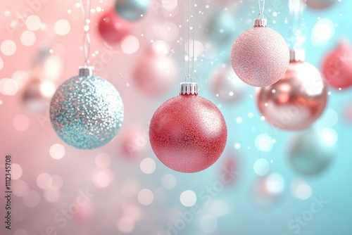 Pink and blue christmas balls hanging on a pastel blue background