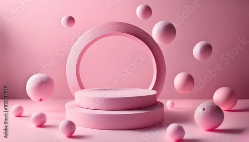 minimalist pink scene with a display stand and floating elements. photo