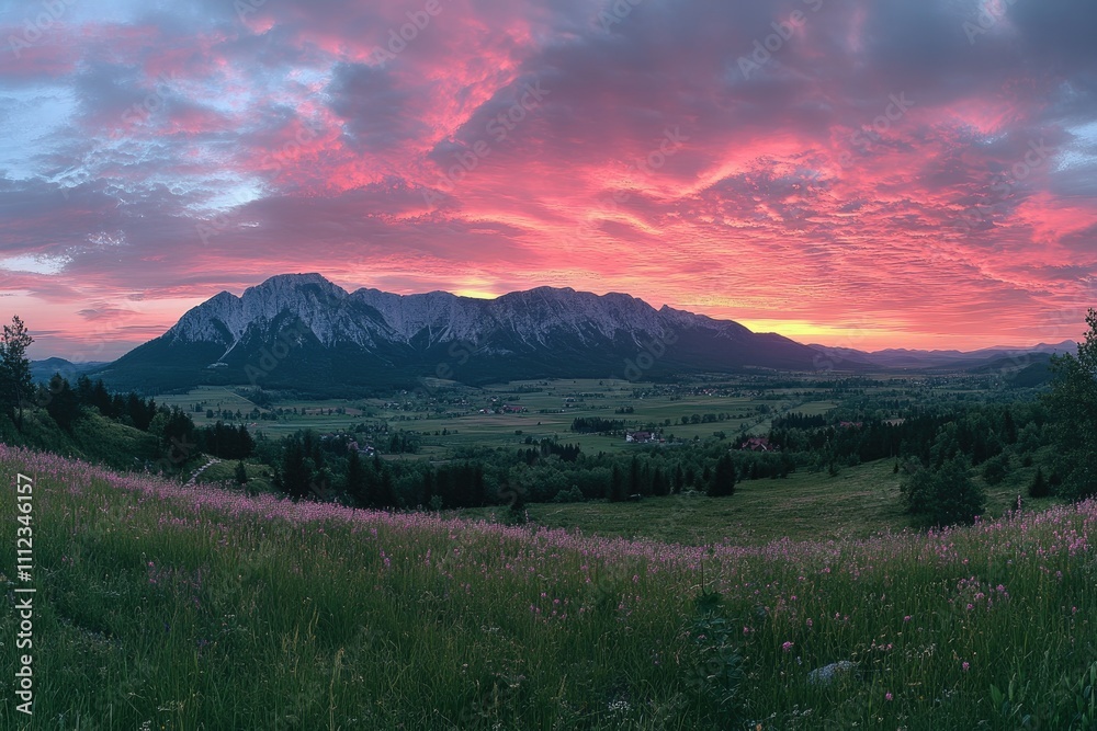 Fototapeta premium Breathtaking pink sunset illuminating the bucegi mountains in busteni, romania