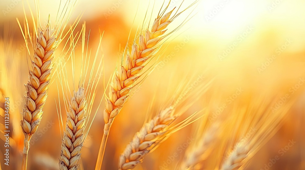 Wheat ears illuminated by sunlight in golden background.