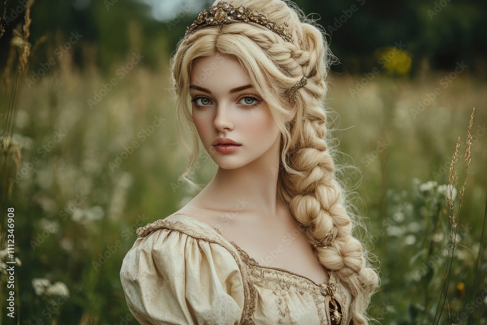 Blonde princess wearing medieval dress and crown with long braid in a field Blonde princess wearing medieval dress and crown with long braid in a field