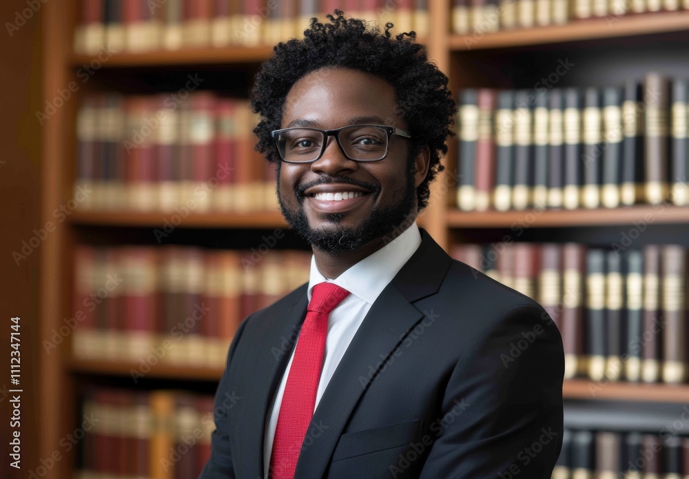 Professional African American Lawyer Smiling in Library Setting Professional African American Lawyer Smiling in Library Setting