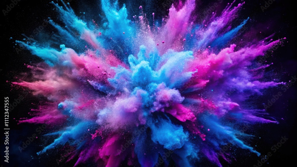 Explosion of vibrant violet and blue powder creating a festive abstract background, Colorful, powder, dust, splash, fume Explosion of vibrant violet and blue powder creating a festive abstract background, Colorful, powder, dust, splash, fume