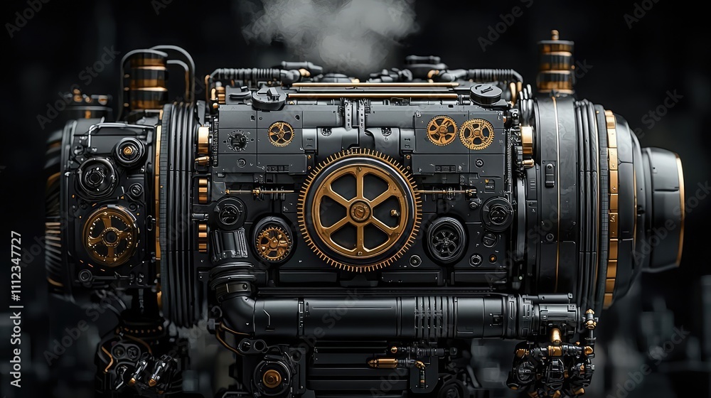 Steampunk engine with gears and pipes, intricate design, steam effect. Steampunk engine with gears and pipes, intricate design, steam effect.